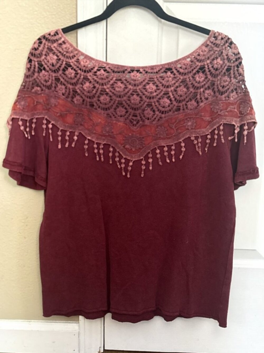 POL Crochet Short Sleeve Top Womens S Burgundy Boho Cottagecore Pullover NWOT - Picture 2 of 12